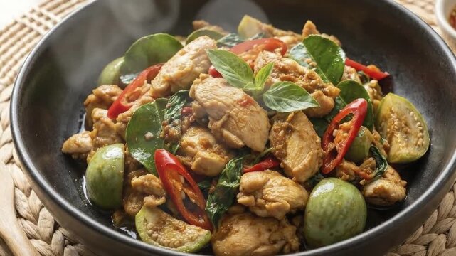 A visually appealing and steaming hot dish featuring tender pieces of chicken stir-fried with vibrant green vegetables, bright red chili slices, and fresh aromatic basil leaves. The savory meal is art