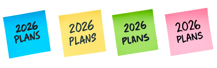 Set of colorful post-it notes with 2026 plans for organization or goal setting on transparent background, PNG