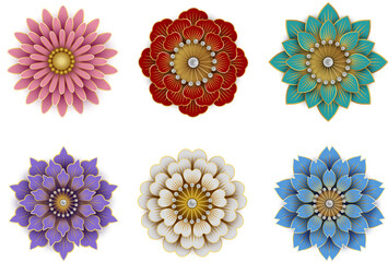 set of chinese new year decorative flowers. isolated ornamental geometric flowers with gold decorations