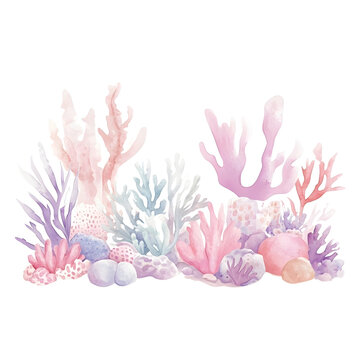 Watercolor style a cute cartoon style coral reef in pastel pink and purple with light pastel bubbles isolated on a white background