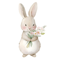 Obraz premium watercolor illustration of a spring bunny holding flowers detailed yet washy washy watercolor illustration paper texture textured illustration soft and