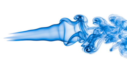 Swirling wisps of bright blue smoke, with forming abstract shapes and patterns, isolated on a transparent background, cutout, PNG