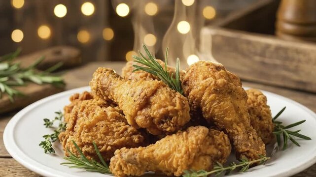 A visually appealing close-up showcases a generous platter of freshly prepared fried chicken drumsticks, boasting a perfectly golden-brown and crispy texture. Delicate wisps of steam rise from the hot