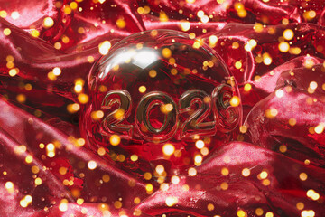 Red Christmas ornament with 2026 inscription on luxurious fabric background with bokeh lights