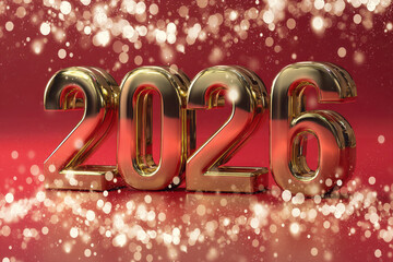 Golden 2026 numbers with sparkling bokeh effect on a vibrant red background for celebration