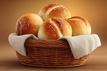 Freshly baked bread rolls in a woven basket with a soft cloth on a warm background