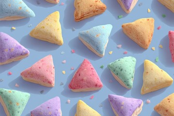 Colorful triangular pastries arranged on a blue background with decorative sprinkles scattered around
