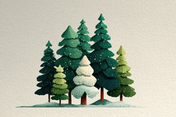 Watercolor illustration of evergreen trees in a snowy landscape with soft textures and colors