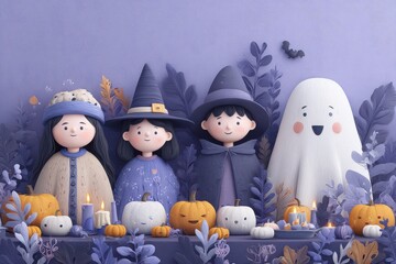Colorful Halloween illustration featuring children in costumes with pumpkins and spooky decorations