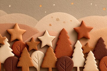 Colorful gingerbread cookies shaped like trees and stars arranged on a textured background