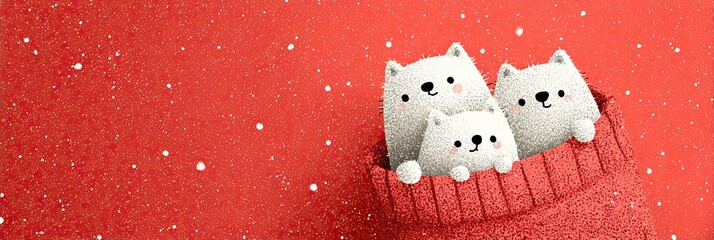 Cute illustration of three fluffy kittens in a cozy red sweater with falling snowflakes
