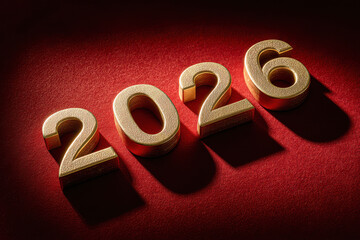 Golden numbers 2026 on red background with shadows creating a festive atmosphere for celebration