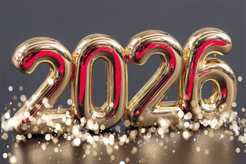 Golden 2026 numbers with red accents on a sparkling background for festive celebrations