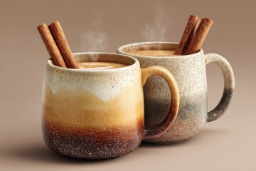 Two ceramic mugs with steaming beverage and cinnamon sticks on a warm background