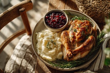 Roast chicken with mashed potatoes and cranberry sauce on a rustic wooden table setting
