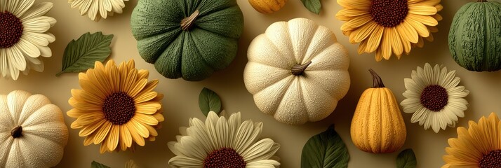 Colorful arrangement of pumpkins and sunflowers on a textured background for autumn celebration