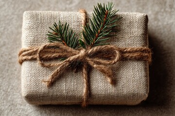 Rustic gift wrapped in natural fabric with twine and evergreen sprig for holiday celebrations