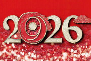 Decorative 2026 design with intricate patterns and vibrant red background for festive celebrations