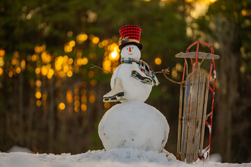 Obraz premium Snowman in winter outdoor park. Snow man in winter nature background. Snowman for festive winter greeting banner. Snowman with scarf and hat. Snowman outdoor winter holiday fun.