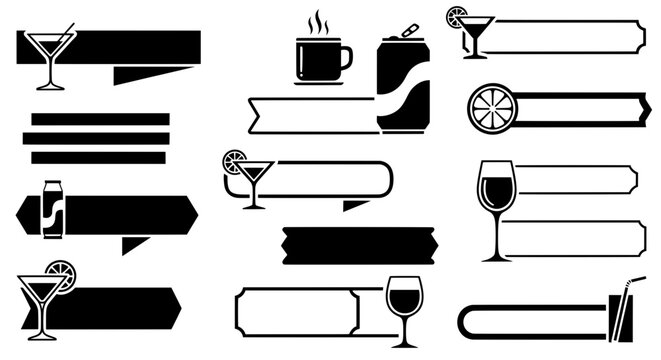 Vector drink ribbons collection. Blank frames with cocktail and soda icons for restaurant menu design or cafe price tags labels.