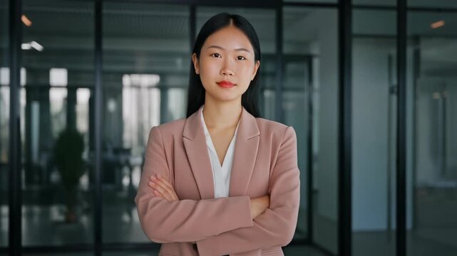 Confident Businesswoman Standing in Modern Office with Professional Attire and Assertive Posture