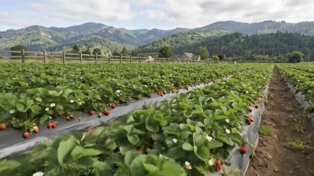 A wide, scenic shot captures a vibrant strawberry field, showcasing lush green plants laden with numerous ripe, red berries and delicate white flowers. The plants are meticulously arranged in long, cu