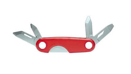 Red Multi-Tool with Blades Open on White Background