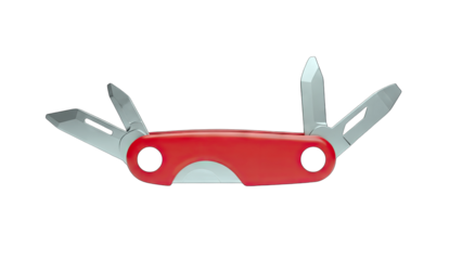 Red Multi-Tool with Blades Open on White Background