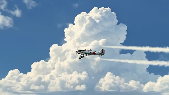 An animated vintage-style propeller airplane gracefully soars through a brilliant blue sky, leaving delicate white contrails in its wake. The classic aircraft, rendered with a clean, illustrative aest