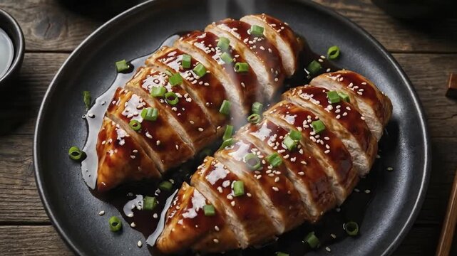 An appetizing close-up of perfectly cooked, sliced poultry, generously coated in a shimmering, dark savory sauce. The dish is elegantly presented on a textured dark plate, beautifully garnished with v
