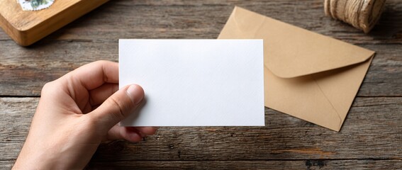 hands writing Empty cards on wooden table.