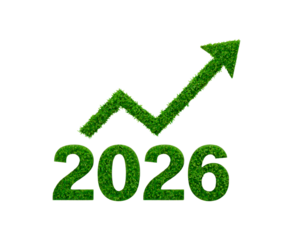 Green growth arrow and 2026 text for environmental progress concept on transparent background, PNG