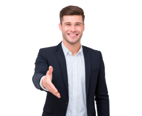 Business professional offering handshake, successful partnership and collaboration on transparent background, PNG