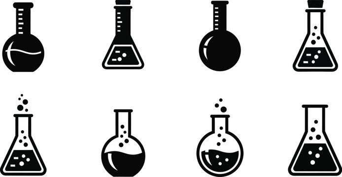 A collection of black silhouette flasks and beakers with various contents