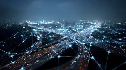 Abstract Network of Glowing Lights Over a Cityscape at Night.