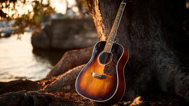 Acoustic guitar leaning against a tree trunk by the water at sunset. - Powered by Adobe