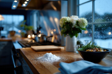 An elegant kitchen scene filled with fresh ingredients and culinary tools, capturing the essence of home cooking during winter, embodying warmth, creativity, and togetherness.