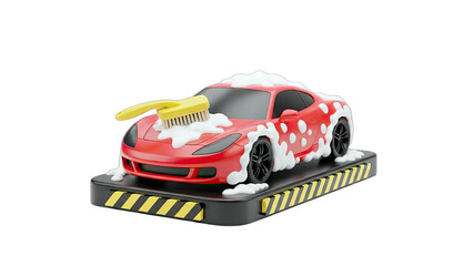 Red Sports Car Washing with Brush and Soap
