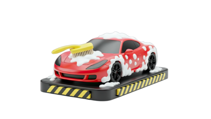 Red Sports Car Washing with Brush and Soap