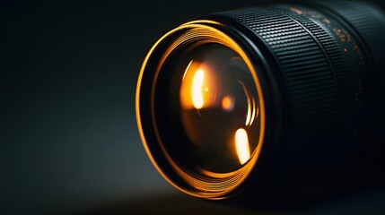 Close up of a camera lens with warm light reflecting on the glass.