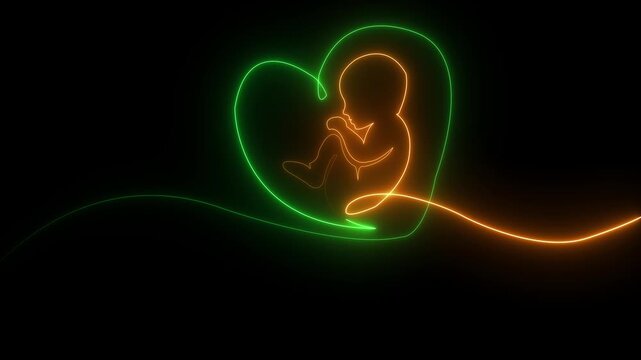 Neon baby embryo in womb icon representing pregnancy, fertility and prenatal development. Glowing neon style symbol suitable for medical design, women healthcare, maternity, gynecology, fertility