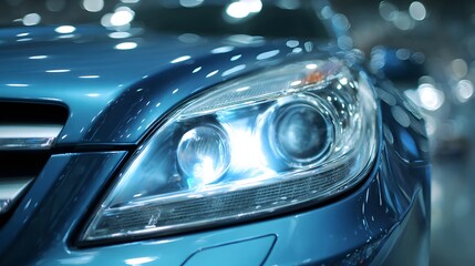 Close up of a modern blue car headlight with bright LED lights.