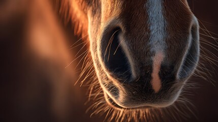 Close up of a horses muzzle with warm lighting.