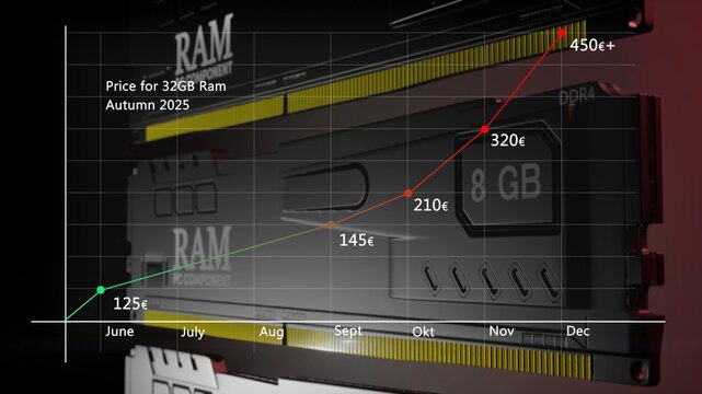 Infographic line graph showing the rising cost of 32GB RAM memory modules. Visualizing market trends, inflation, and hardware supply chain issues