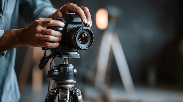 Close up of a photographer adjusting a DSLR camera on a tripod.