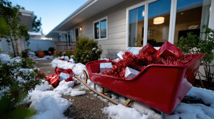 A vibrant red sleigh adorned with sparkling gifts, resting on snow-covered ground, evoking a cheerful holiday spirit and festive anticipation in a charming outdoor setting.