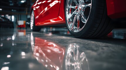 Close-up of a gleaming red sports car wheel and reflection on a polished floor.
