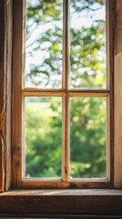 A window with a view of trees and a clear glass pane