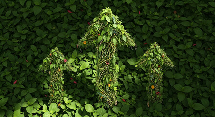 Three green arrows made of leaves pointing upwards, symbolizing growth and environmental progress.
