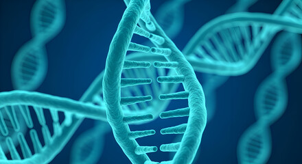 Close-up view of multiple glowing blue DNA strands against a dark background, representing genetics and scientific research.